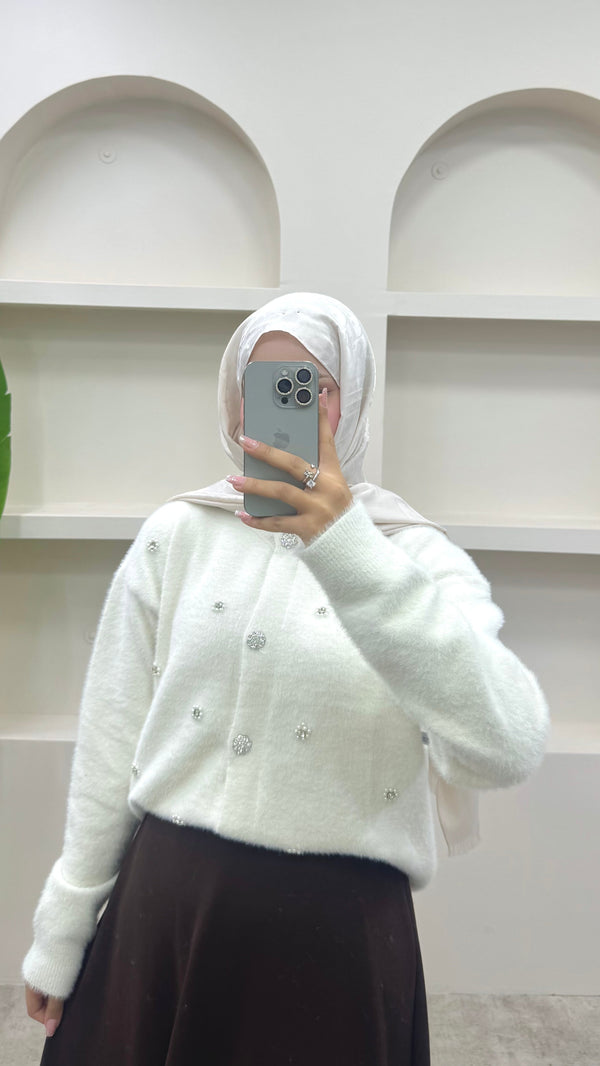 İnci Detaylı Angora Hırka Beyaz
