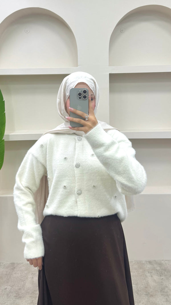 İnci Detaylı Angora Hırka Beyaz