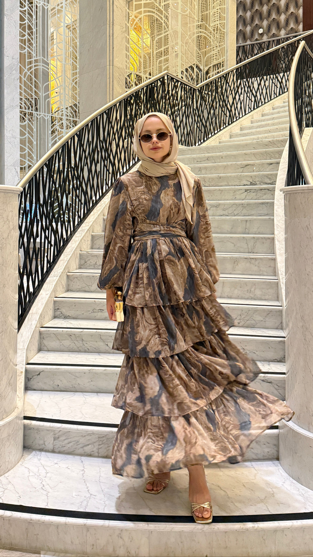 Oslo Desenli Şİfon Elbise Haki