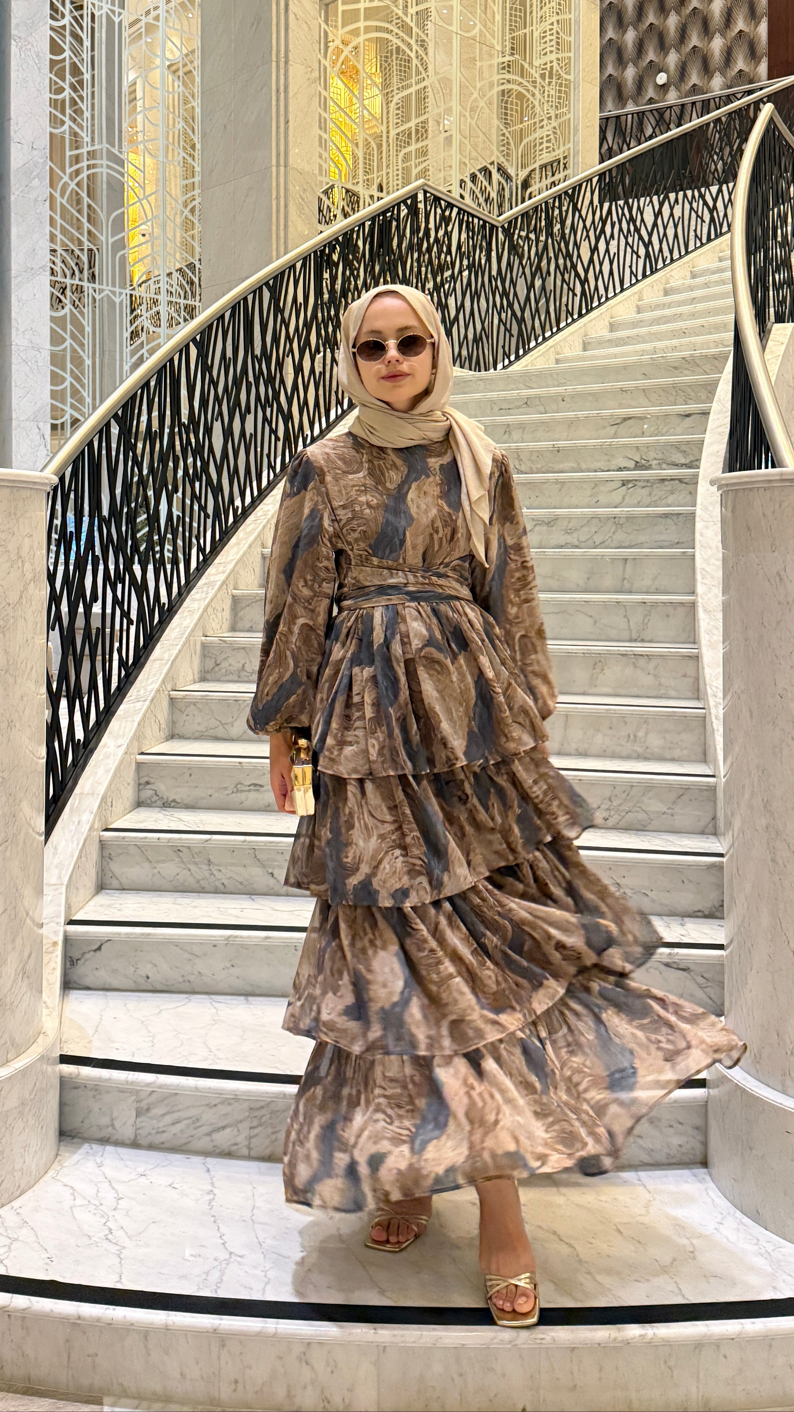Oslo Desenli Şİfon Elbise Haki