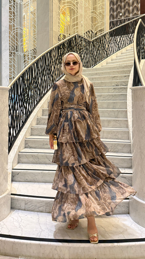 Oslo Desenli Şİfon Elbise Haki
