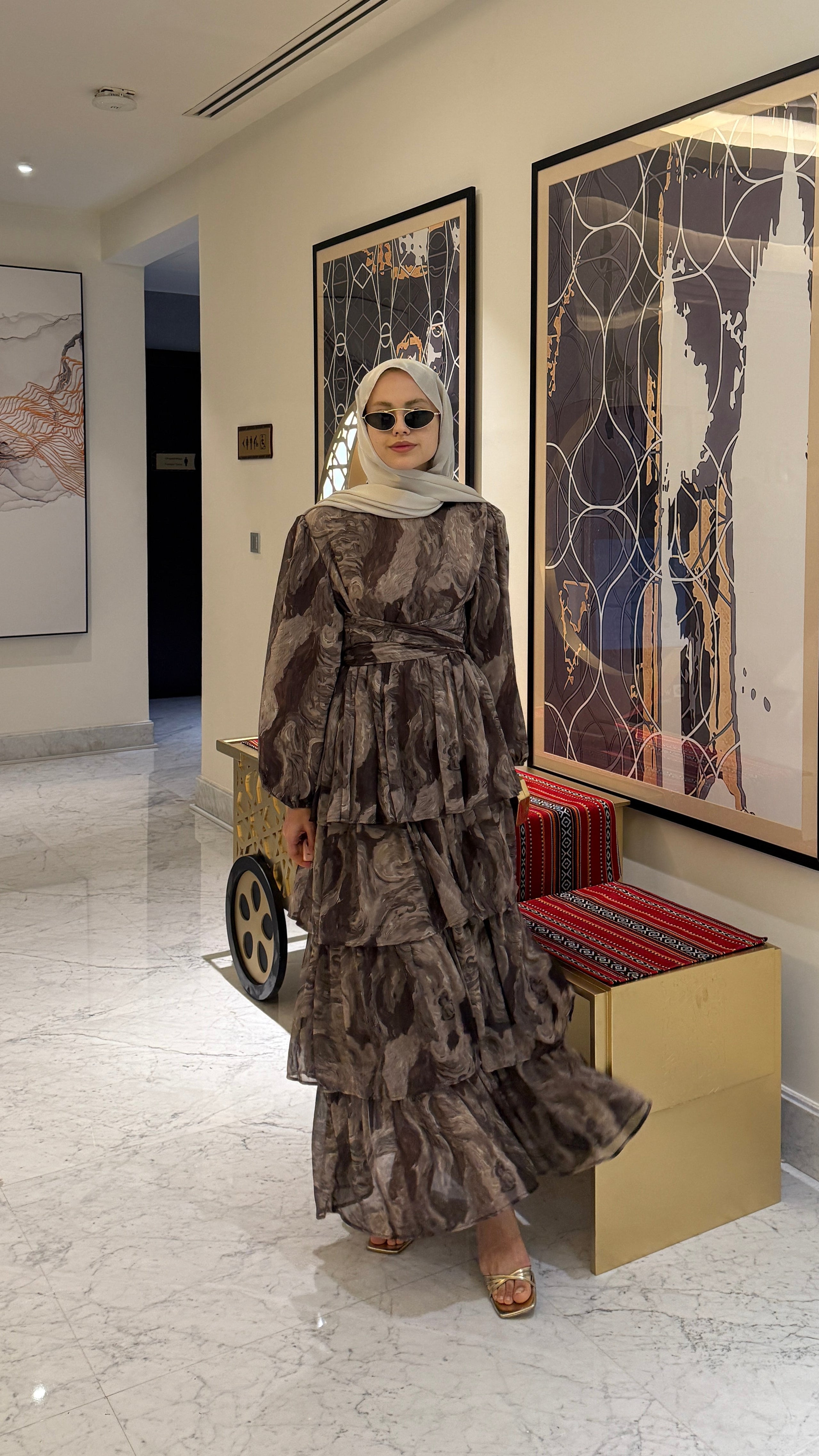 Oslo Desenli Şİfon Elbise Kahverengi