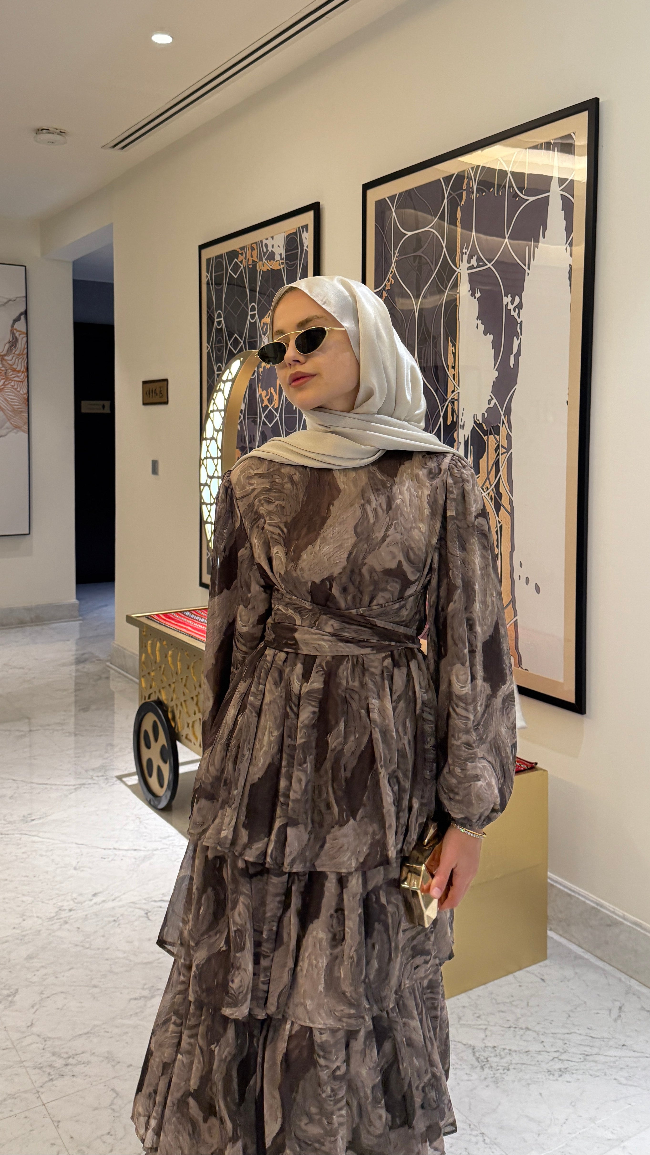 Oslo Desenli Şİfon Elbise Kahverengi