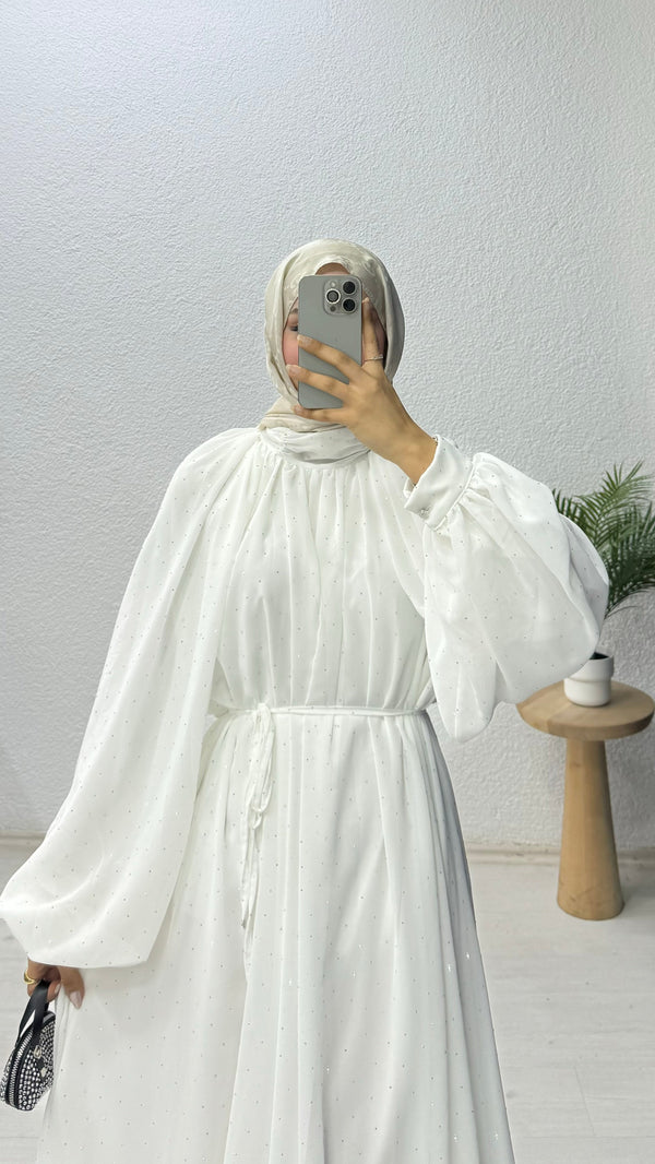 Taşlı Şifon Elbise Beyaz
