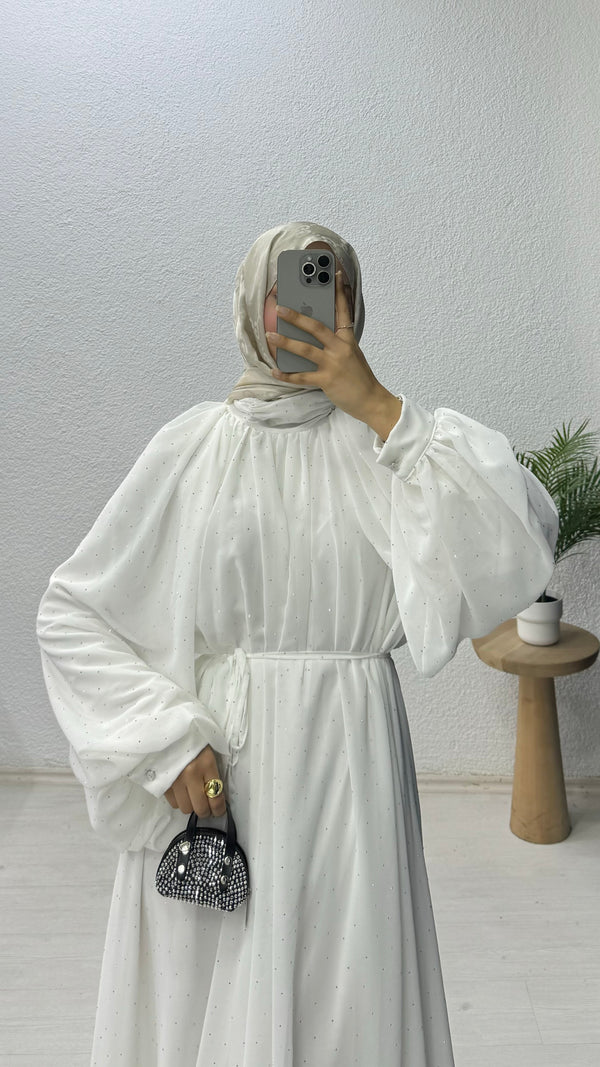 Taşlı Şifon Elbise Beyaz
