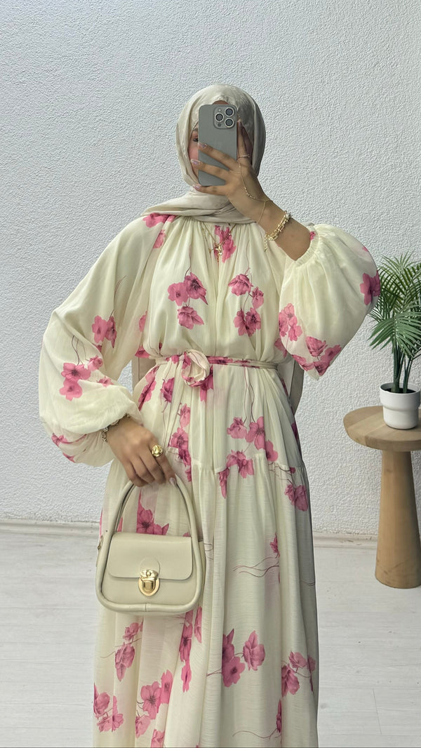 Çiçekli Şifon Elbise Pembe