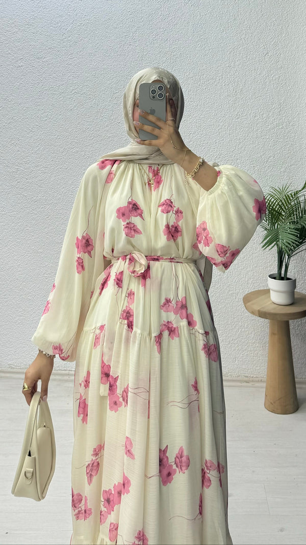 Çiçekli Şifon Elbise Pembe