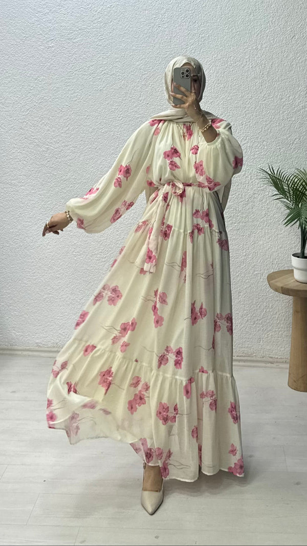Çiçekli Şifon Elbise Pembe