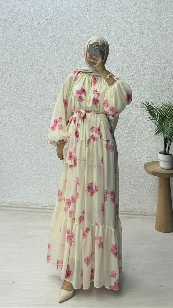 Çiçekli Şifon Elbise Pembe