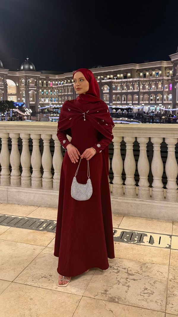 Lale Taşlı Abiye Bordo