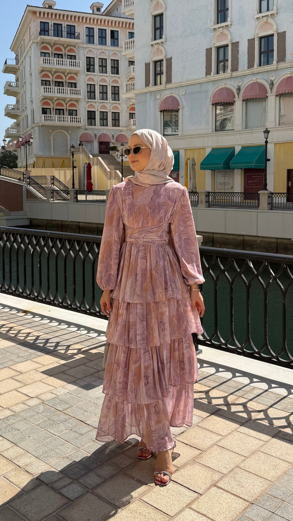 Oslo Desenli Şİfon Elbise Pudra