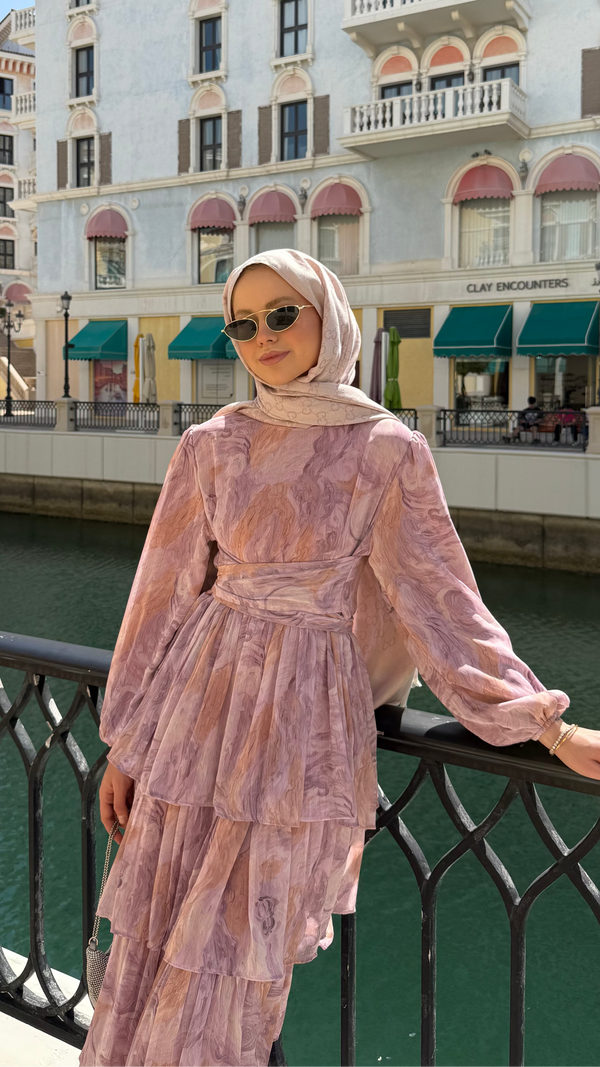 Oslo Desenli Şİfon Elbise Pudra