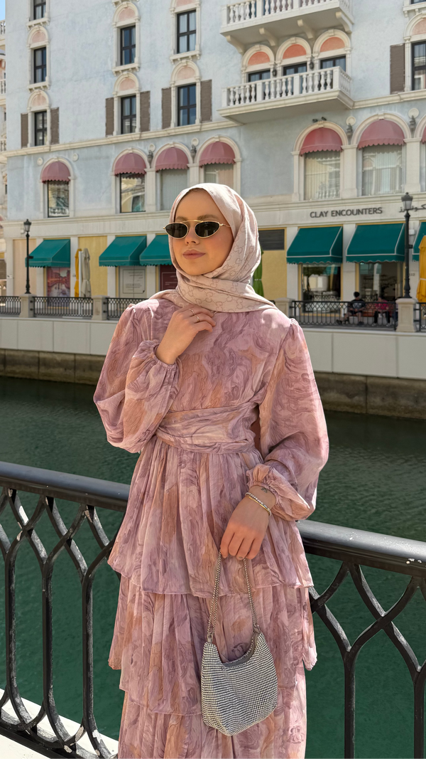 Oslo Desenli Şİfon Elbise Pudra