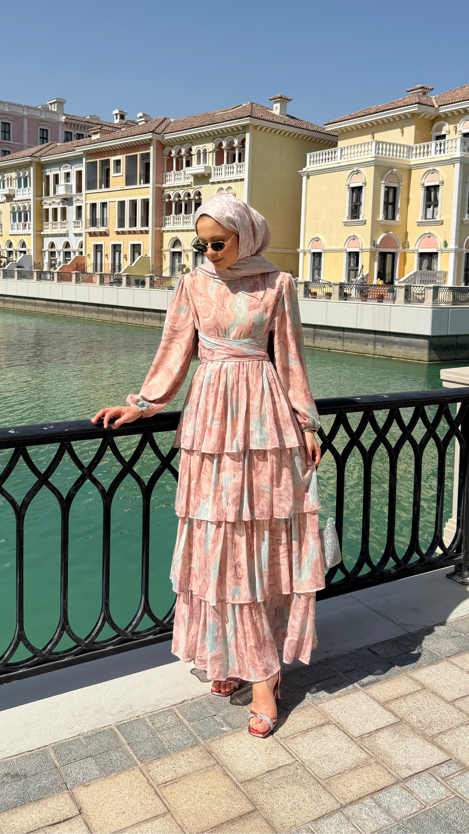Oslo Desenli Şİfon Elbise Su Yeşili