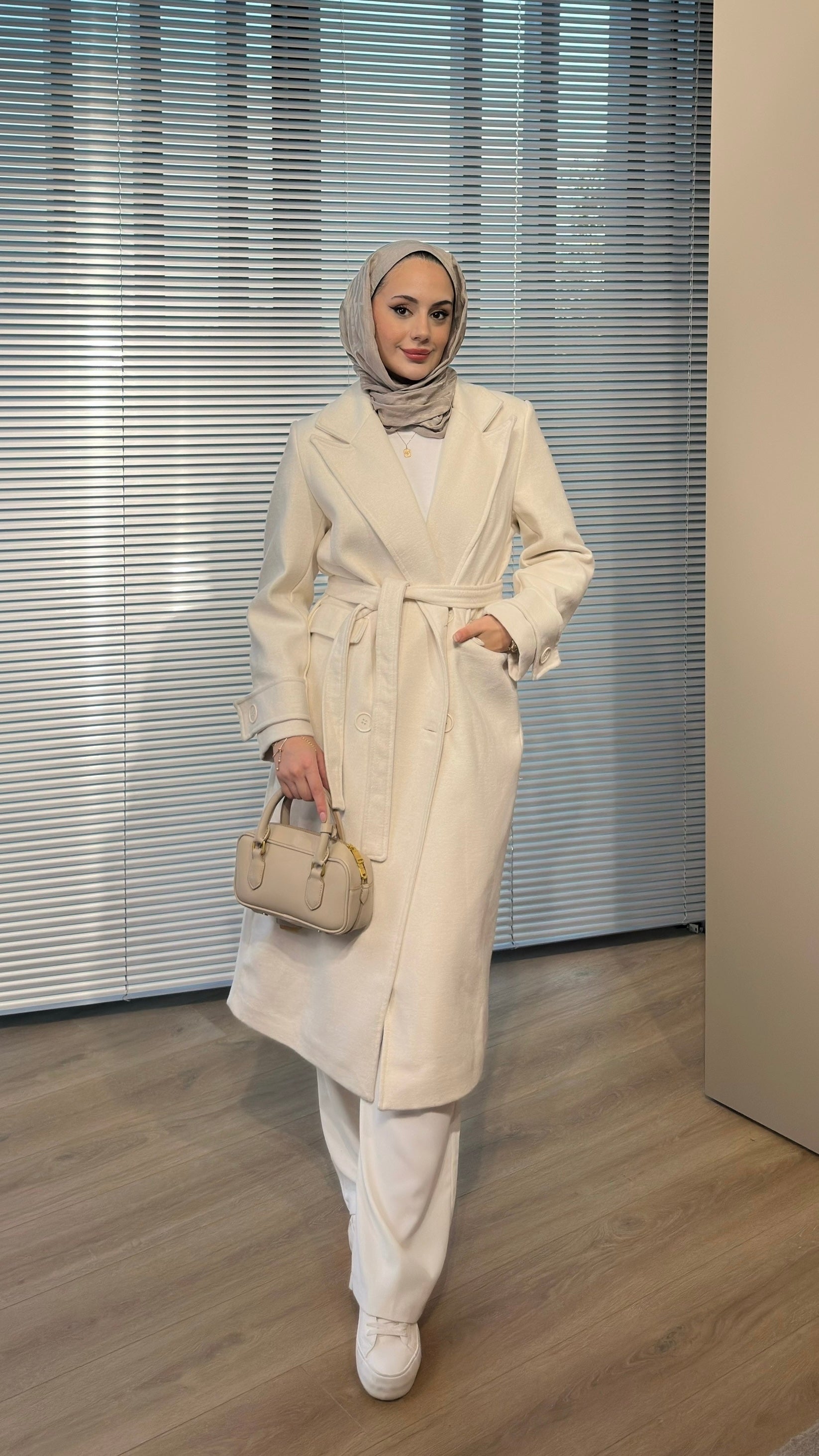 Kruvaze Maxi Kaşe Kaban Krem