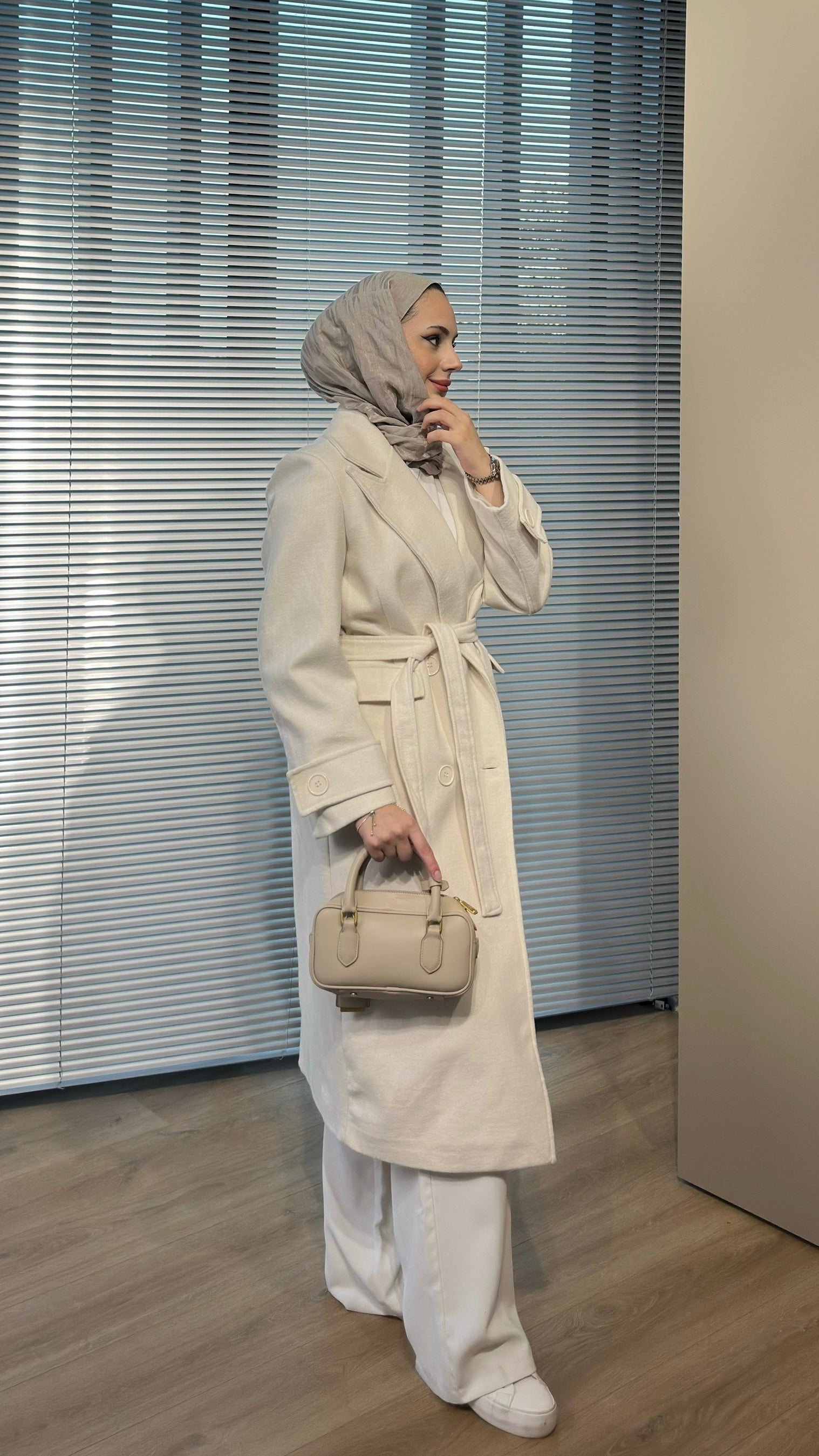 Kruvaze Maxi Kaşe Kaban Krem