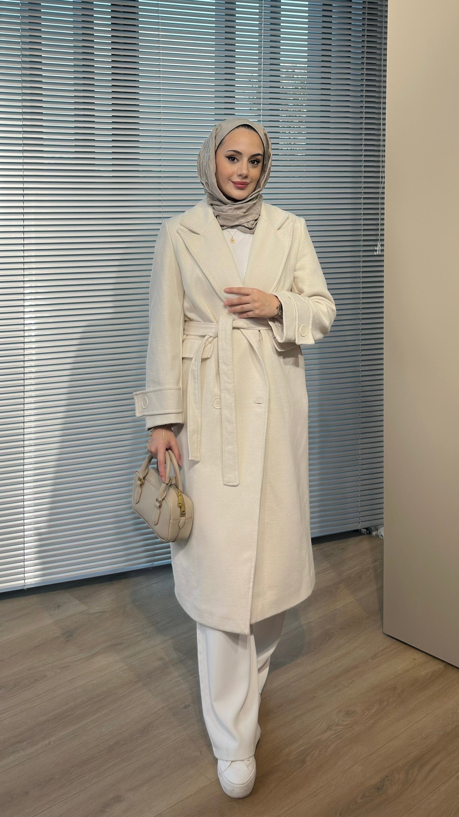 Kruvaze Maxi Kaşe Kaban Krem