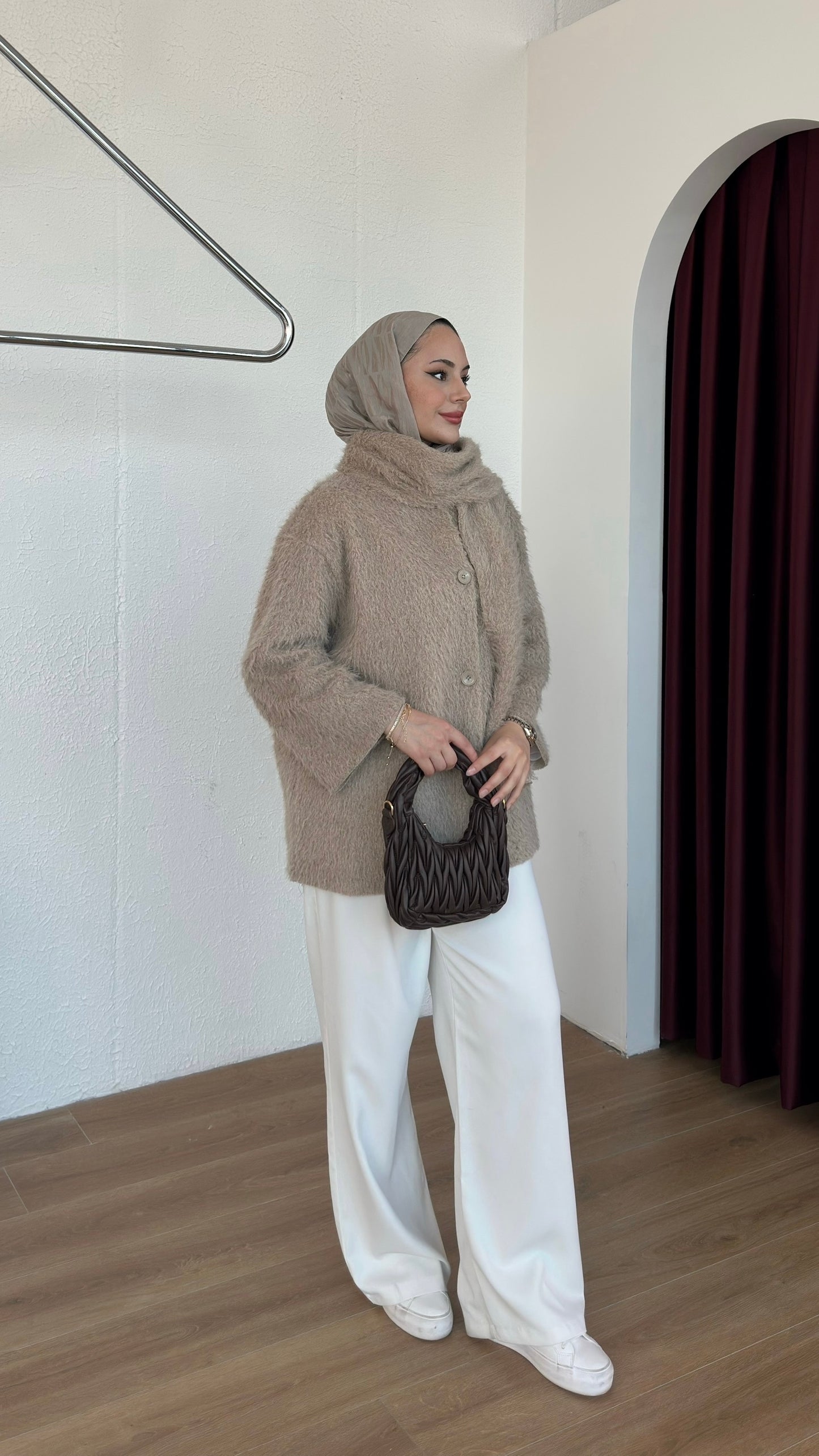 Sakal Kumaş Atkılı Ceket Krem