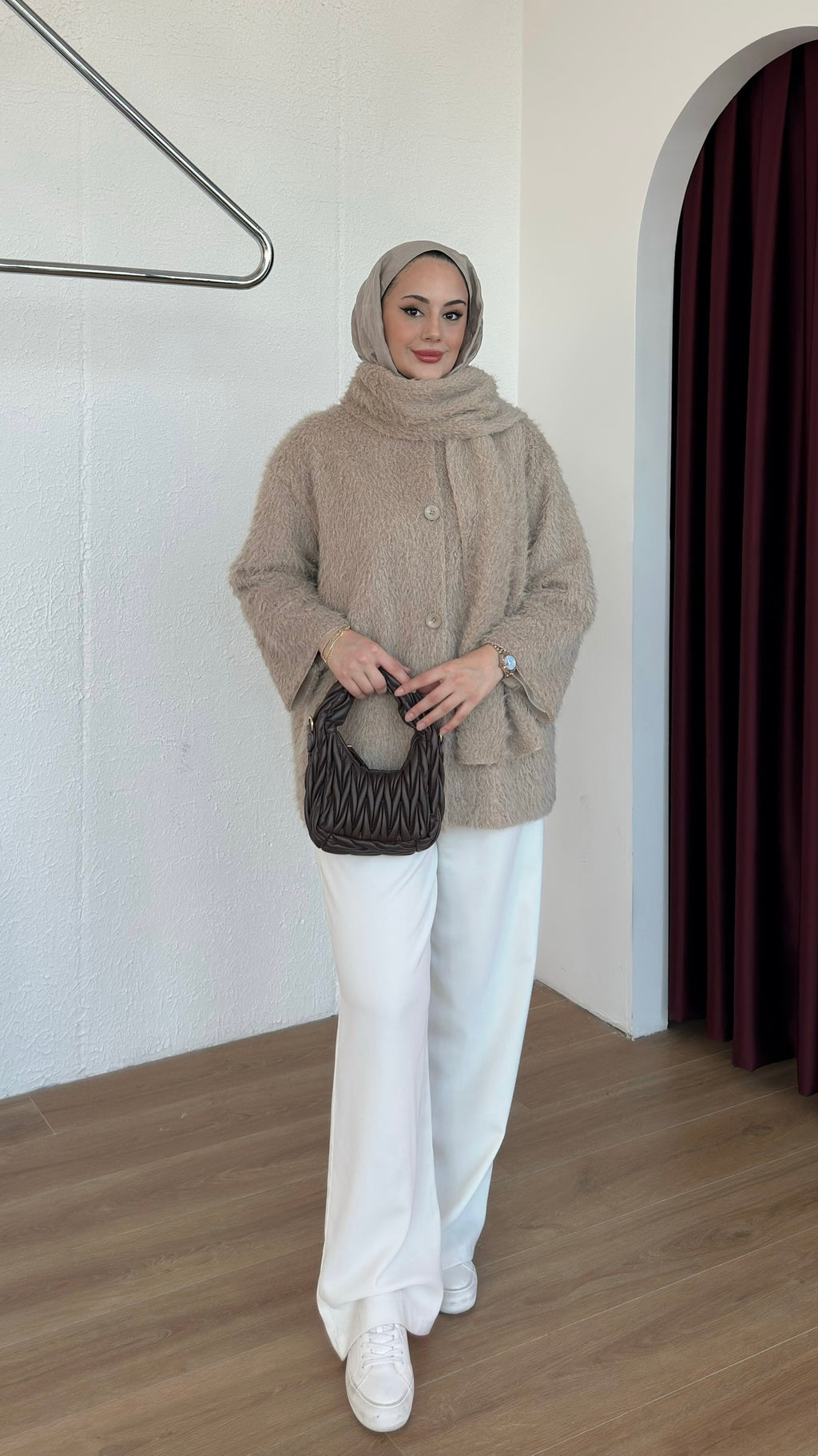 Sakal Kumaş Atkılı Ceket Krem