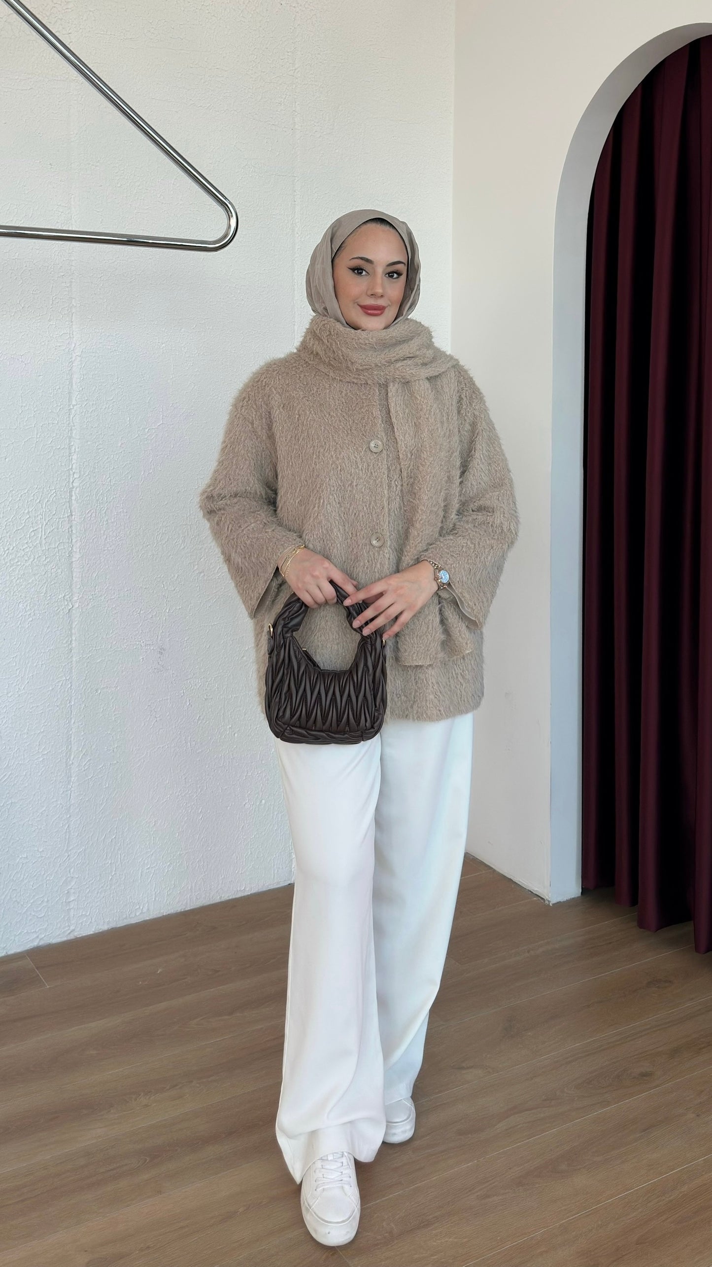 Sakal Kumaş Atkılı Ceket Krem