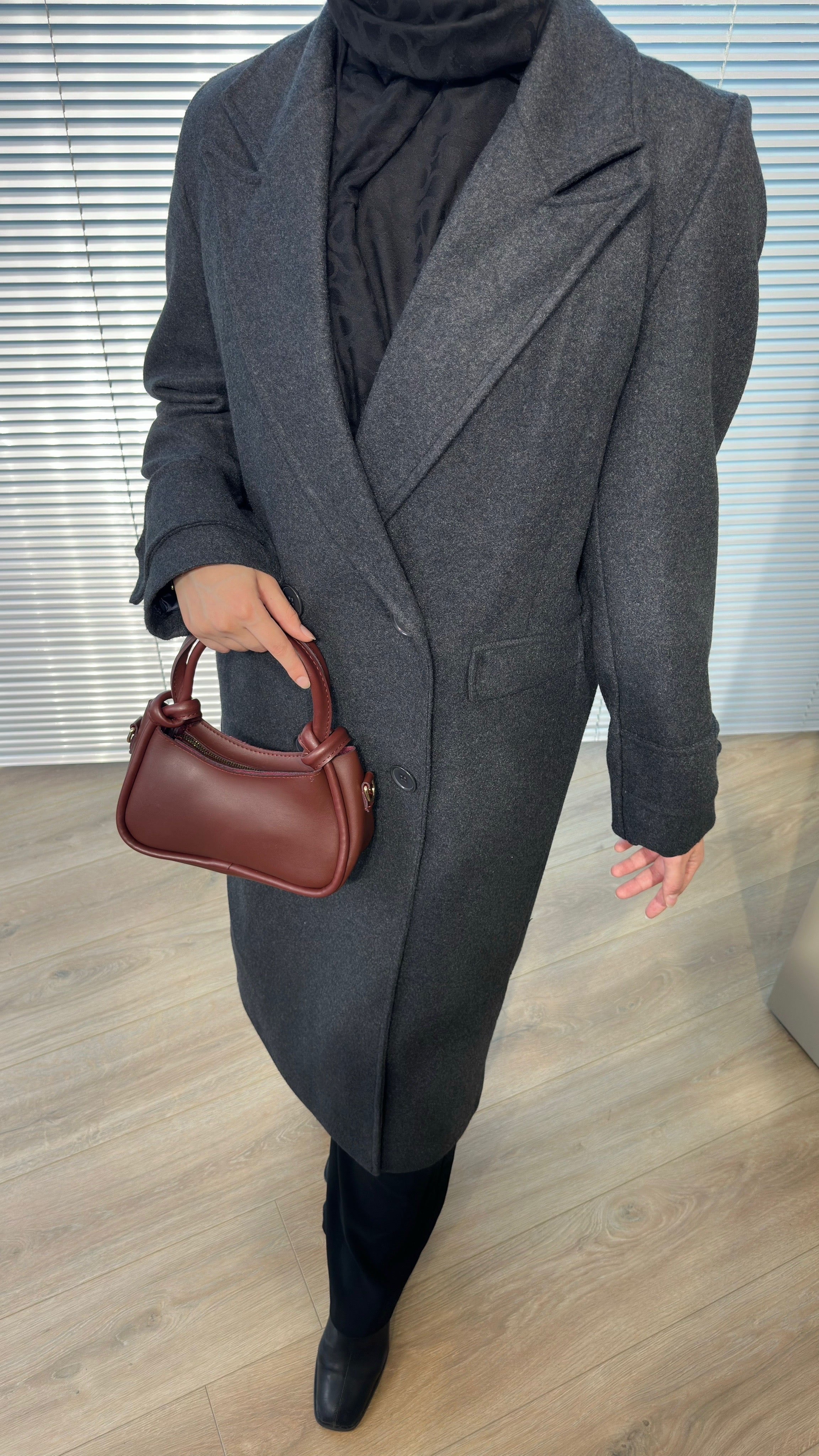 Kruvaze Maxi Kaşe Kaban Antırasit