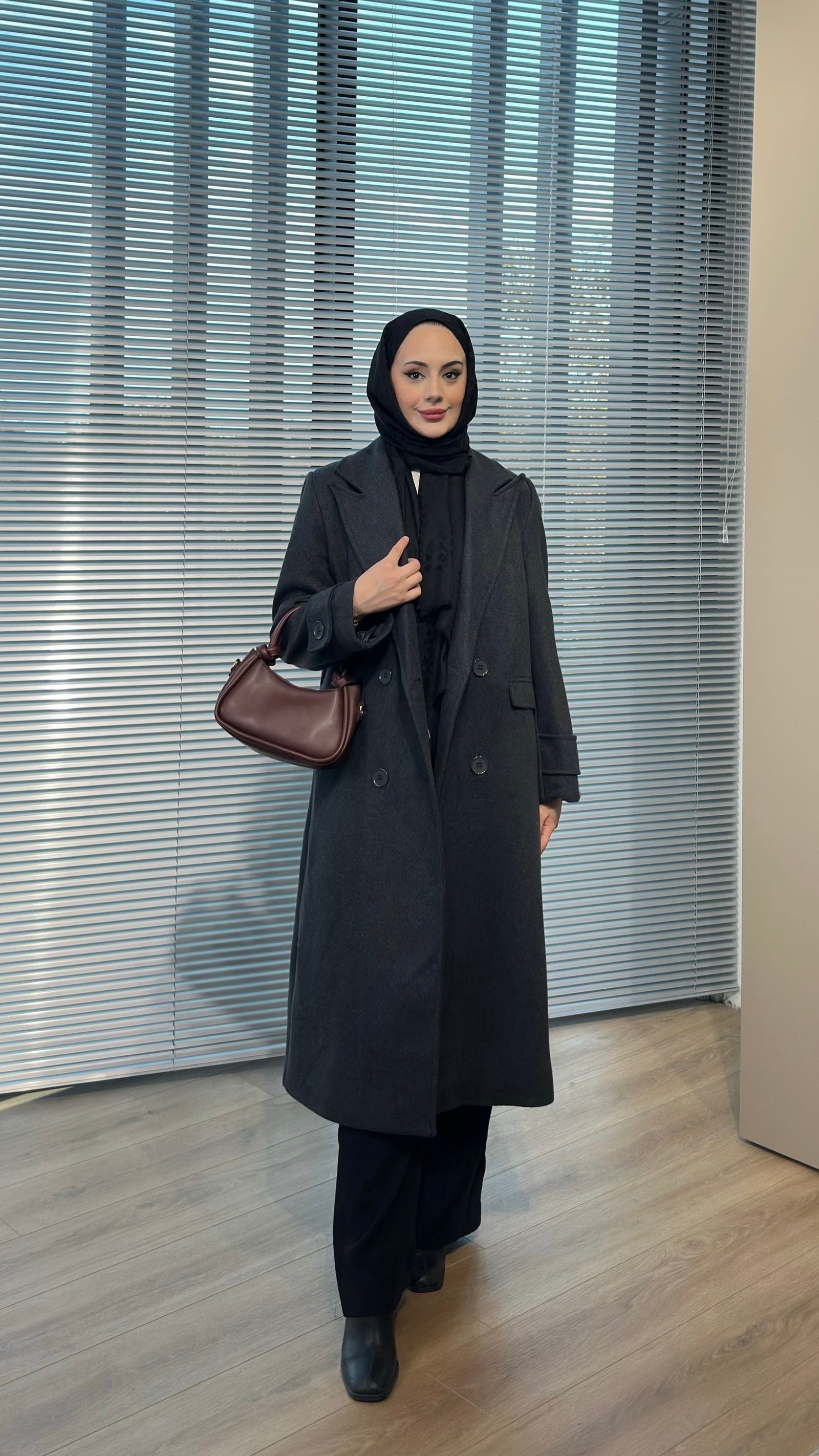 Kruvaze Maxi Kaşe Kaban Antırasit