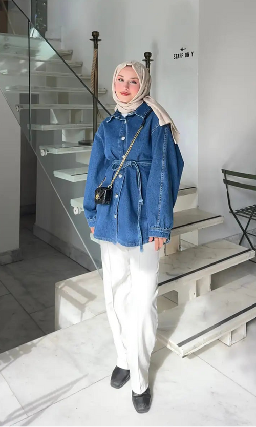 Bel Bağlamalı Kot Ceket