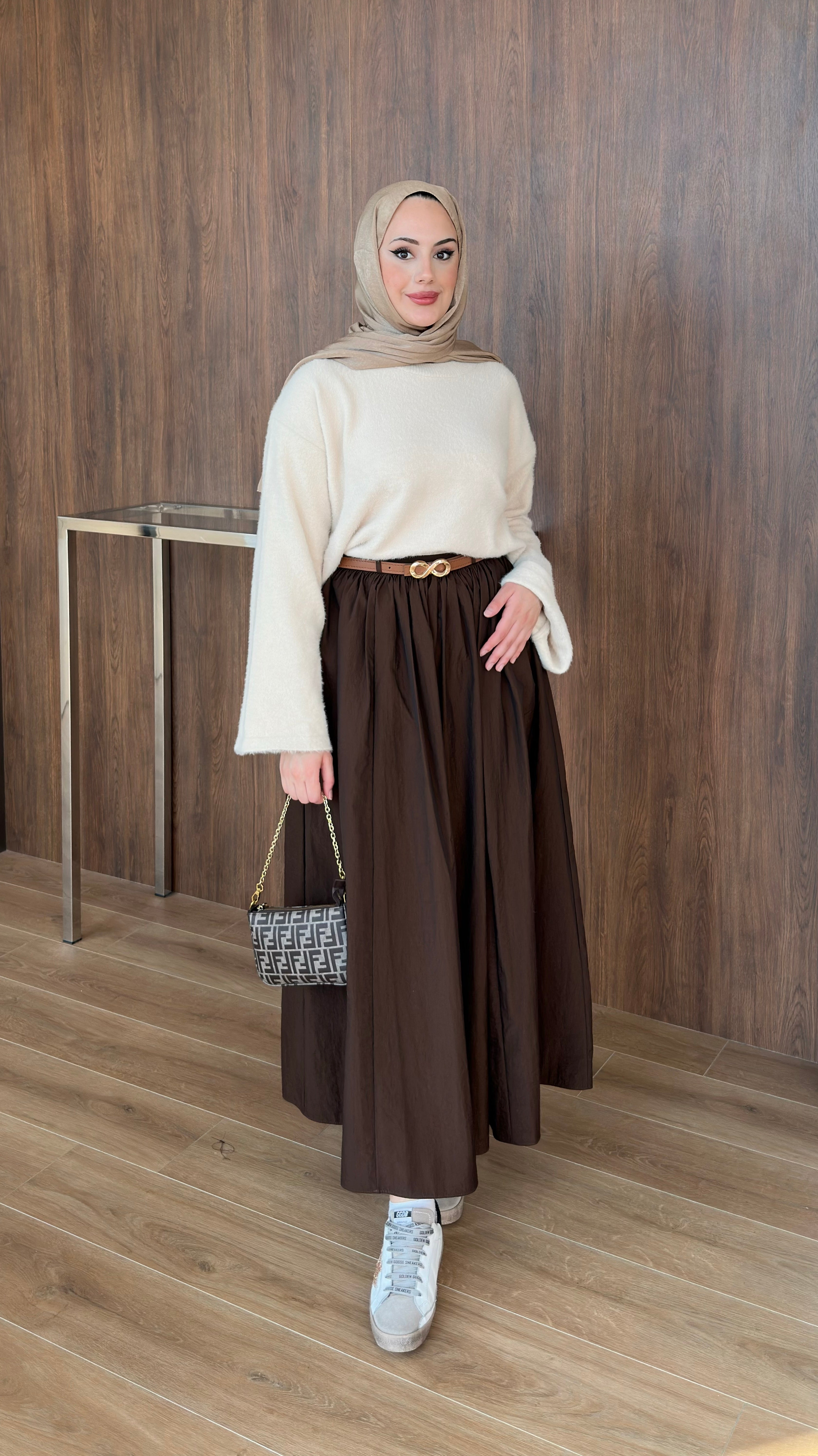 Paraşüt Kumaş Pileli Kloş Etek Kahverengi