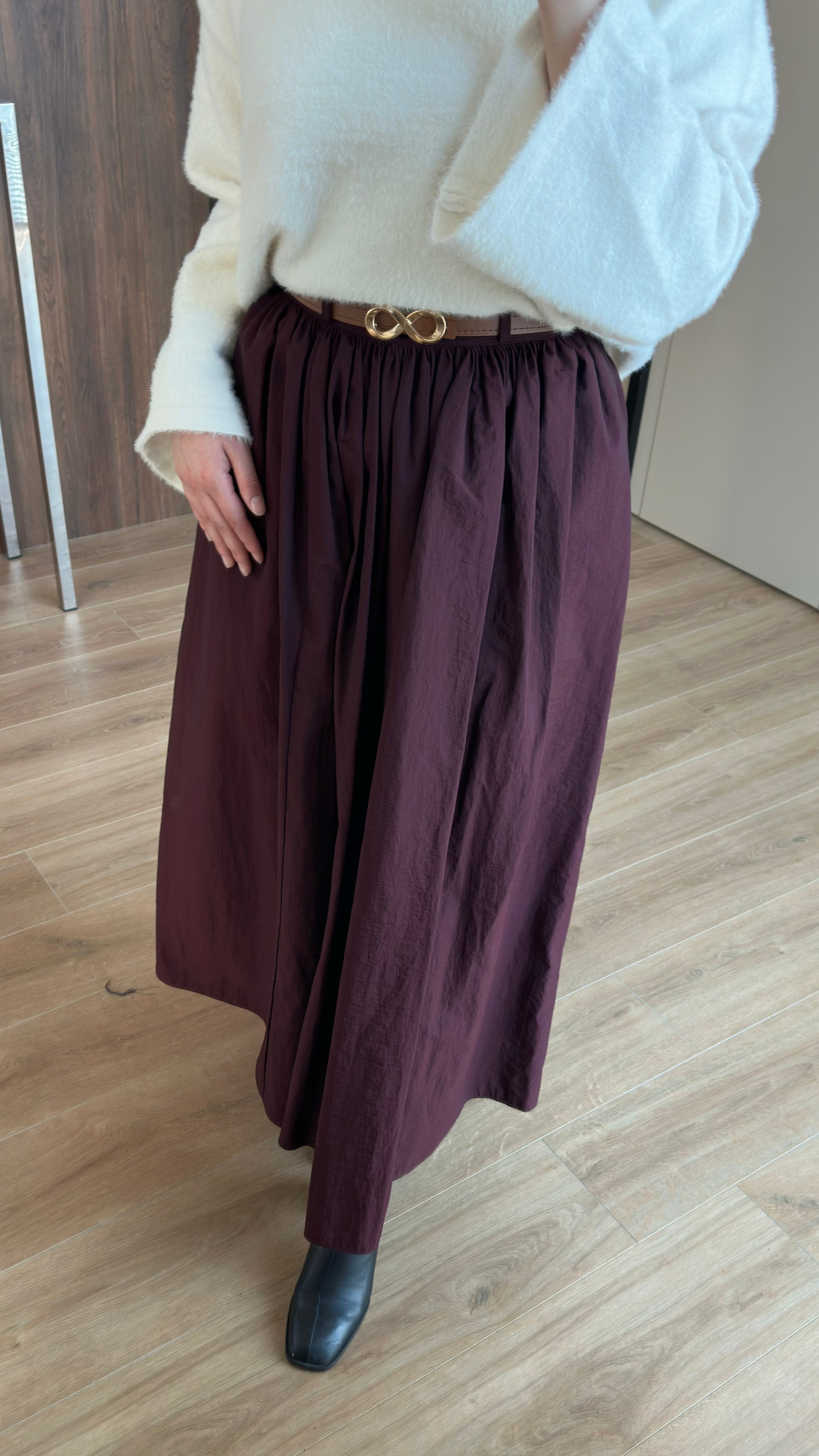 Paraşüt Kumaş Pileli Kloş Etek Bordo