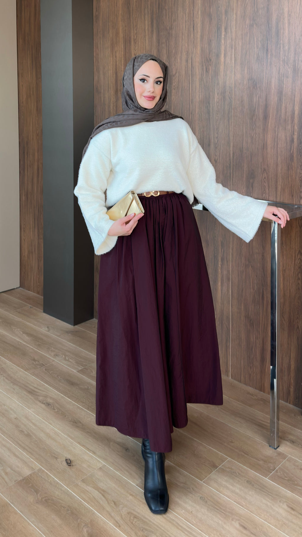 Paraşüt Kumaş Pileli Kloş Etek Bordo