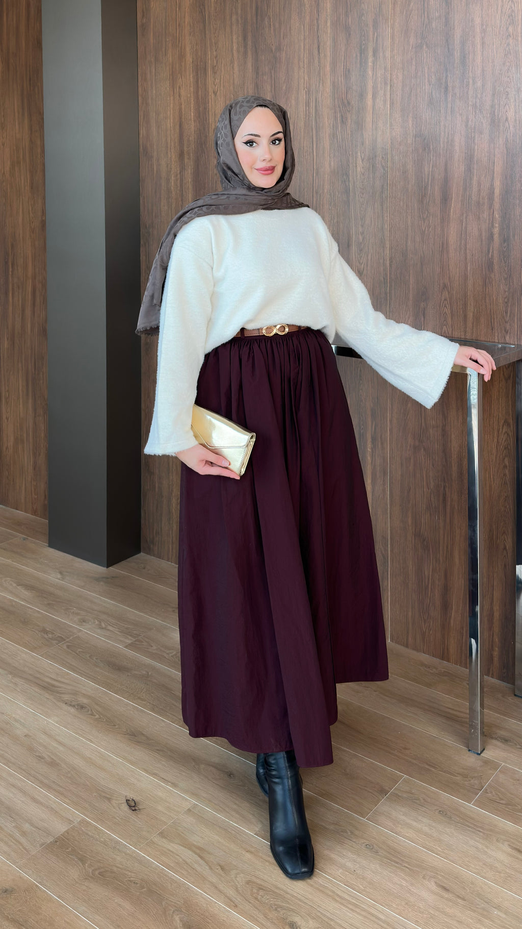 Paraşüt Kumaş Pileli Kloş Etek Bordo