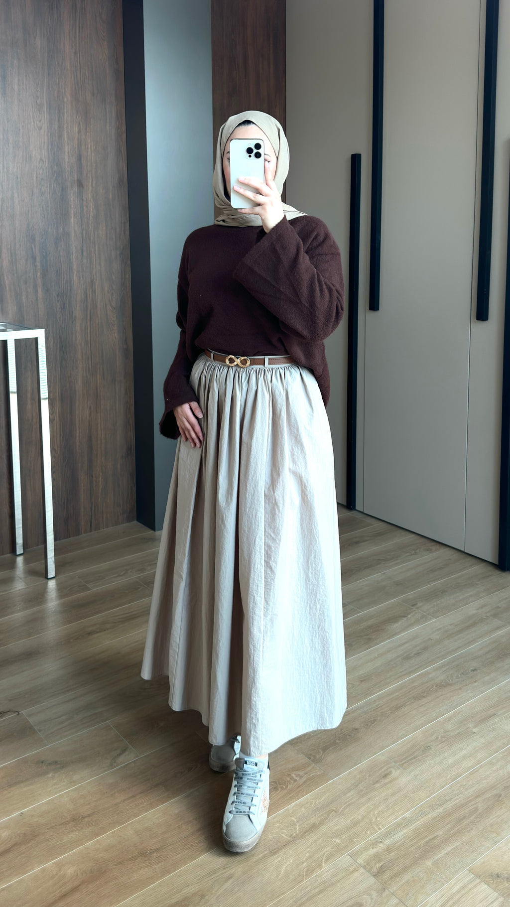 Paraşüt Kumaş Pileli Kloş Etek Krem