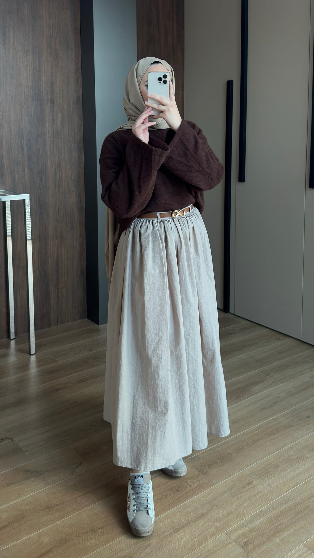 Paraşüt Kumaş Pileli Kloş Etek Krem