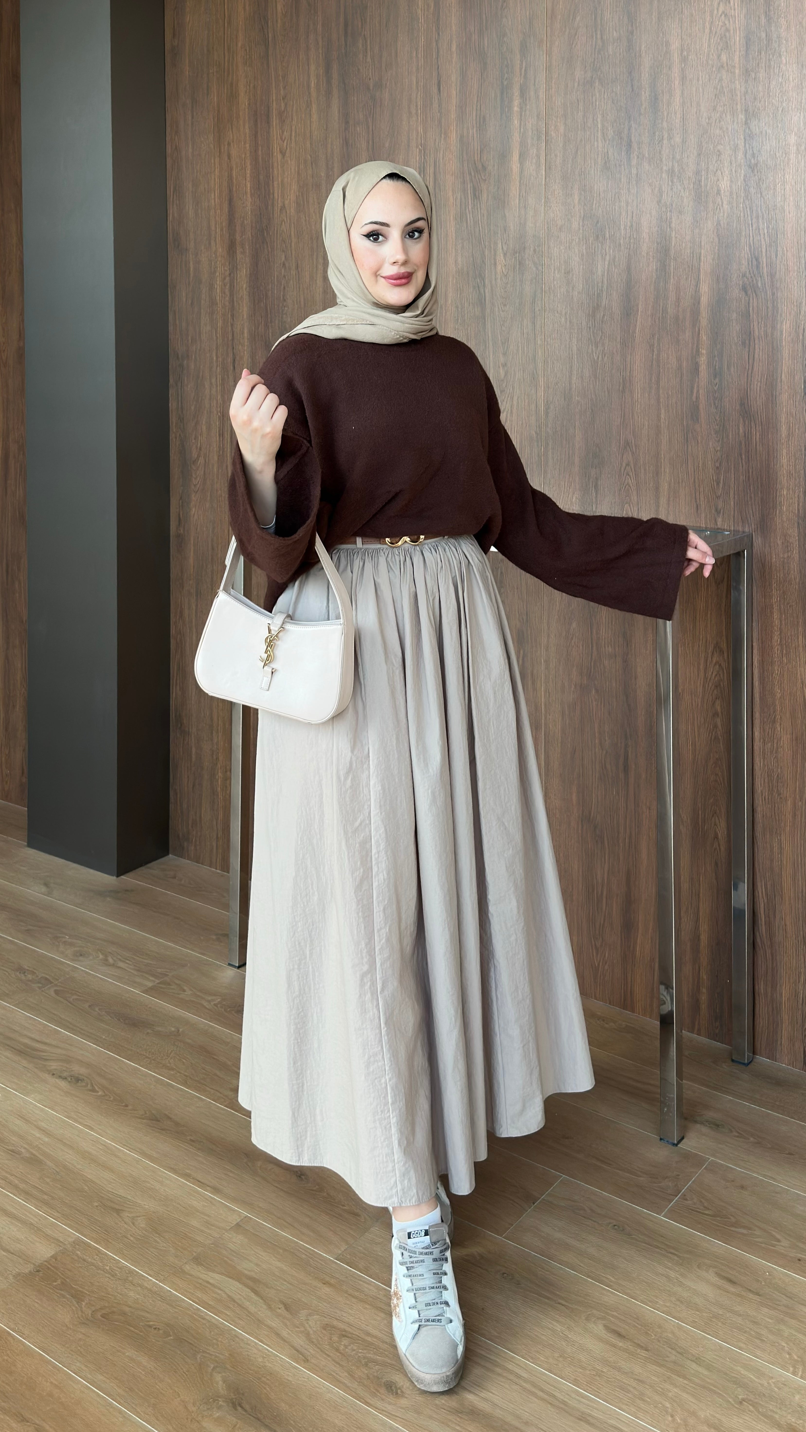 Paraşüt Kumaş Pileli Kloş Etek Krem