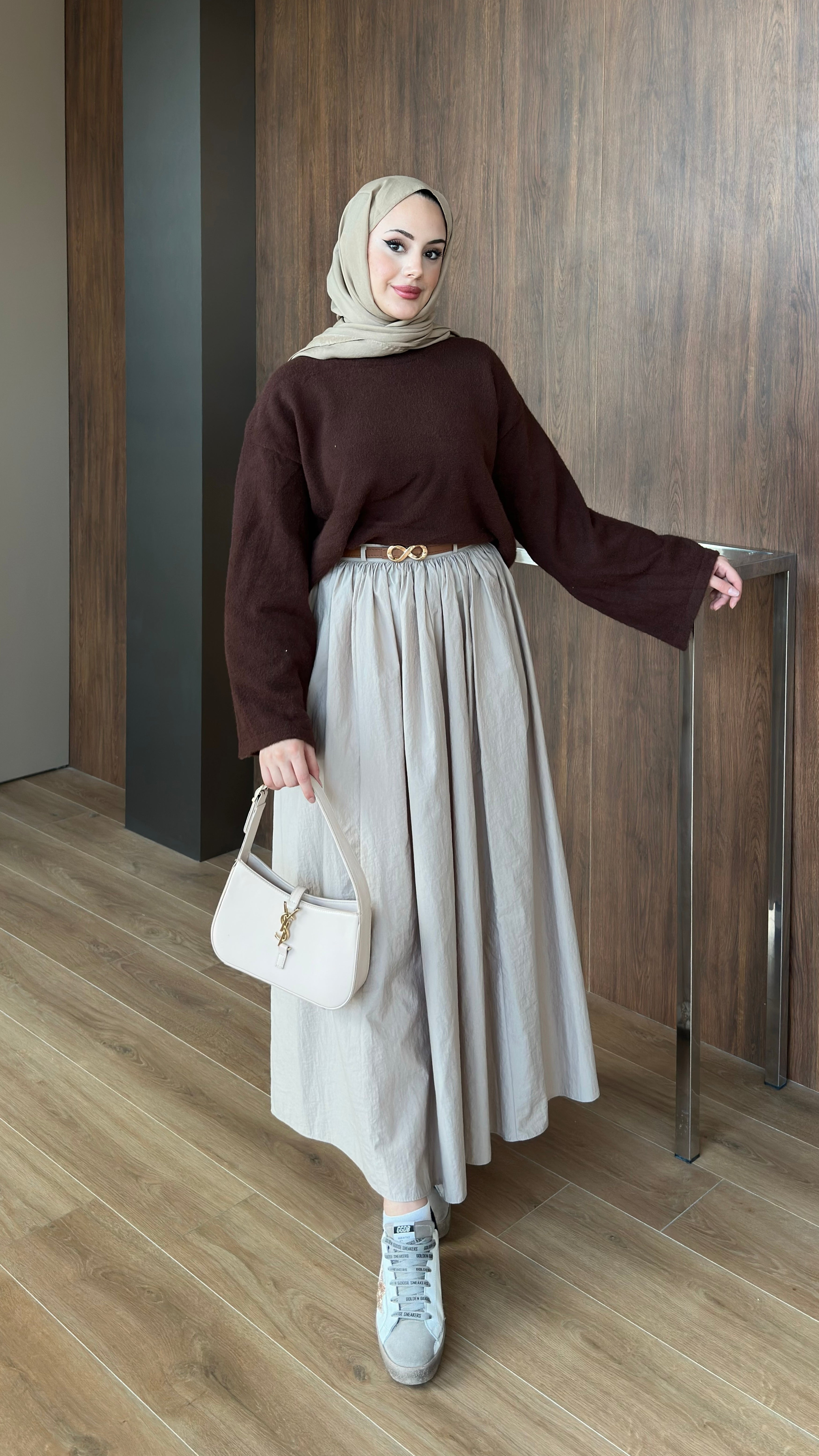 Paraşüt Kumaş Pileli Kloş Etek Krem